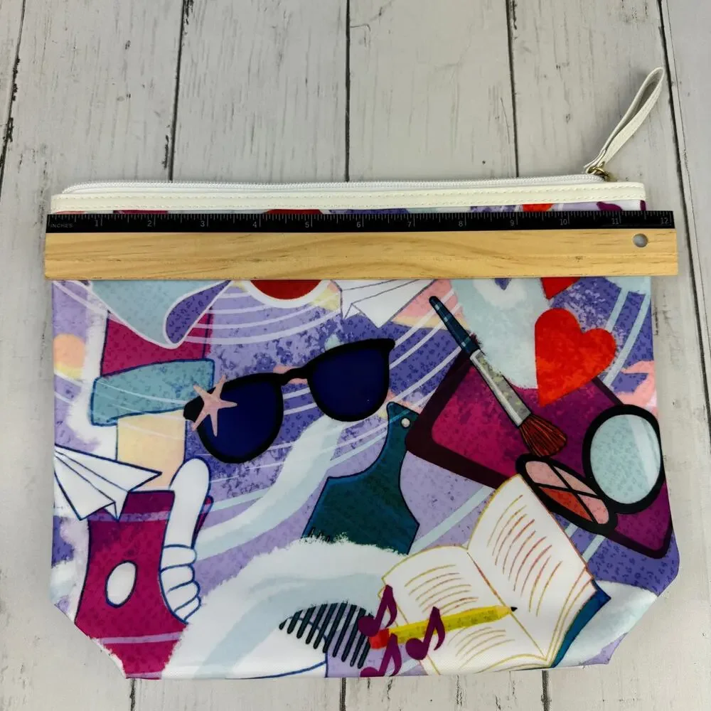 New Dove Colorful Print Sunglasses Sneakers Zip Top Cosmetic Nylon Makeup Bag